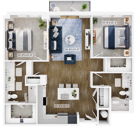 a 3d floor plan of a bedroom with a bathroom and a living room